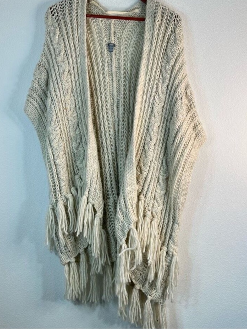 Aerie Chunky Cable Knit Fringe Poncho Cardigan Cream Alpaca Blend One Size